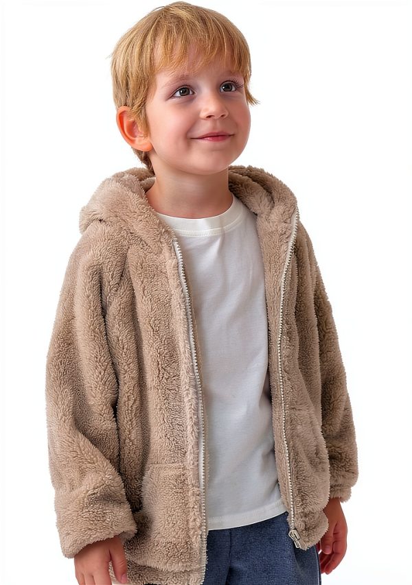 Baby Fleece Hoodie with 3D Bear Ears by Feidoog – Gray, Khaki, Pink-3