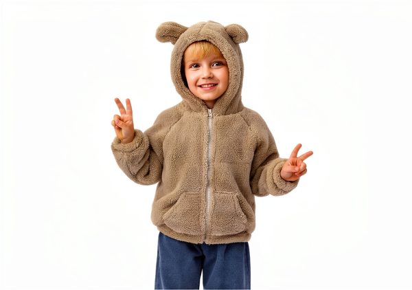 Baby Fleece Hoodie with 3D Bear Ears by Feidoog – Gray, Khaki, Pink-4