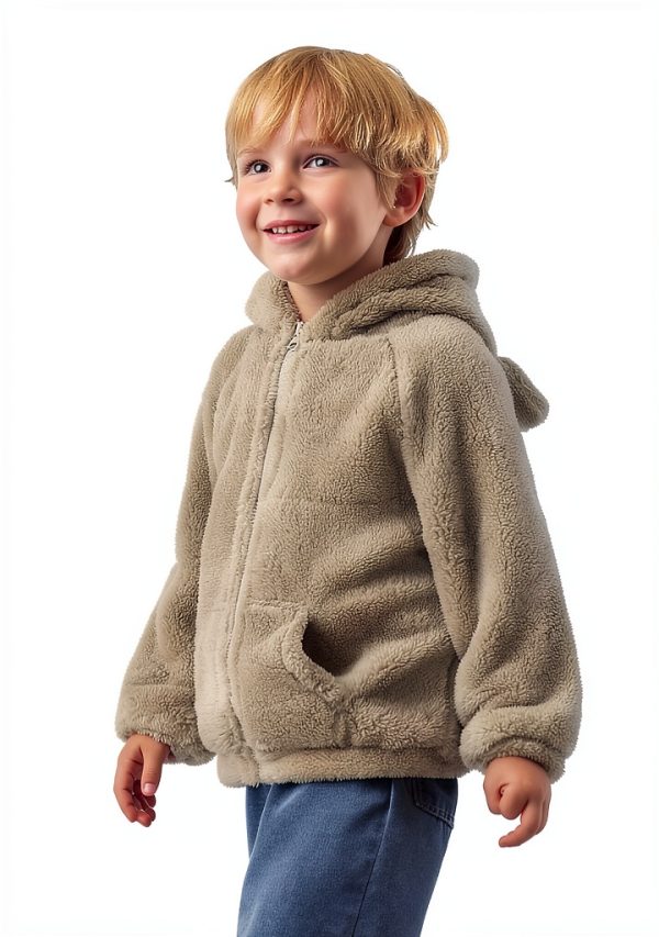 Baby Fleece Hoodie with 3D Bear Ears by Feidoog – Gray, Khaki, Pink-1