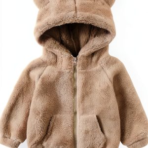 Baby Fleece Hoodie with 3D Bear Ears by Feidoog – Gray, Khaki, Pink-0