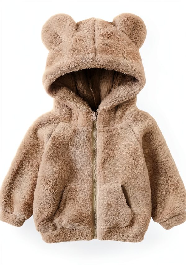 Baby Fleece Hoodie with 3D Bear Ears by Feidoog – Gray, Khaki, Pink-0